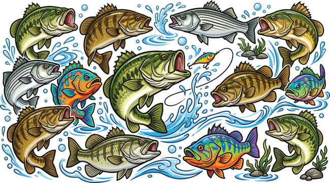Colorful freshwater fishing bass collection with splashing water detailed vector illustration for outdoor sports branding