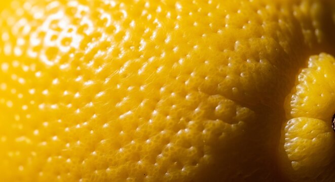 Extreme close-up of a glossy yellow lemon rind, highlighting the textured dimples and shiny surface under bright light