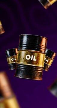 Vertical seamless loop 3D illustration of crude oil barrels for global petroleum price normalization energy market stabilization and economic trading video footage.