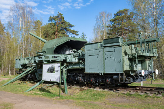 LEBYAZHYE, RUSSIA - MAY 5, 2026: The 180mm artillery mount on the TM-1-180 on a sunny May day. Fort Krasnaya Gorka (Alekseevsky). Leningrad region