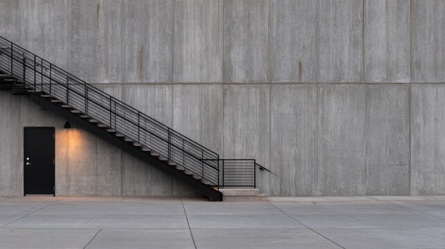 A minimalistic concrete wall features a black staircase and door, creating a stark contrast
