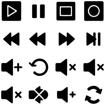 Black and white media player control icons set with play pause rewind forward stop record
