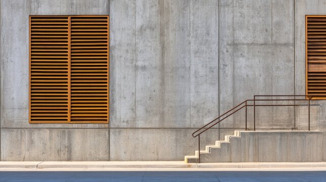 A minimalist concrete wall featuring wooden slatted windows and a simple staircase