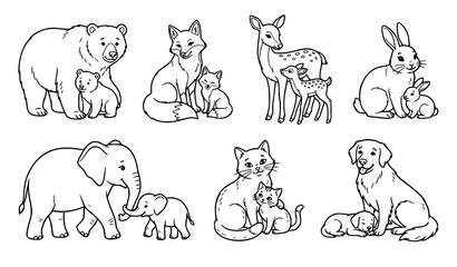 Fototapeta premium Mother and Baby Animals Black Outline Vector Set Isolated Coloring Book Clipart