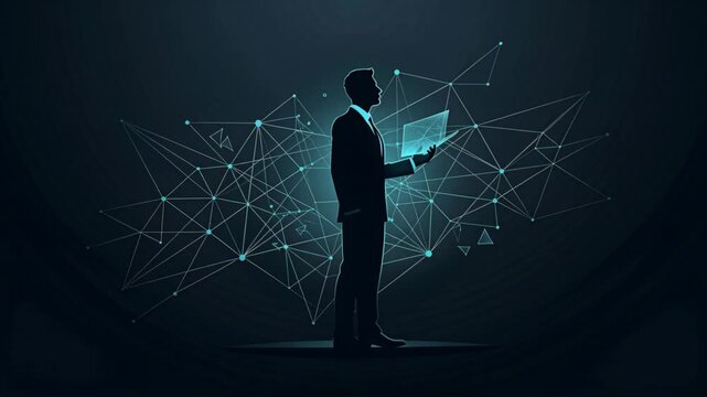 Digital Human Interaction Network with Businessman Holding Virtual Interface