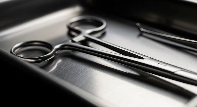 Close up of surgical scissors and forceps on a metal tray.