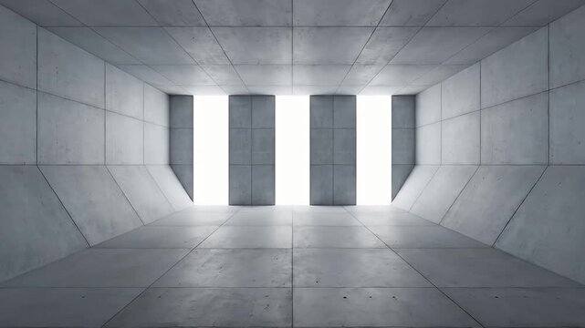 Symmetrical empty concrete corridor with bright light at end