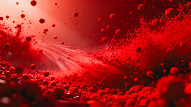 This macro abstract scene features vibrant red particulate powder, floating micro-spheres, and directional light rays creating a dramatic, atmospheric scientific texture.