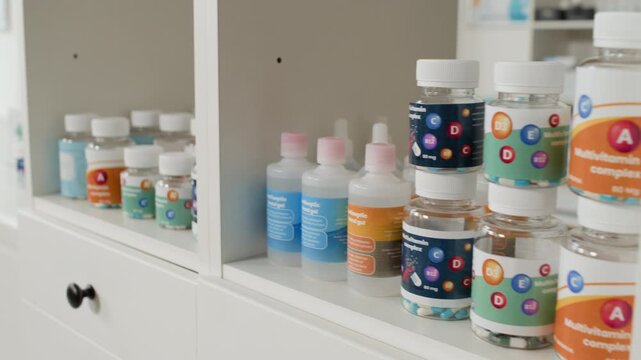 Pan right detail shot rows of various multi vitamin bottles and medicine packs with colorful labels on white shelves in empty pharmacy interior, copy space