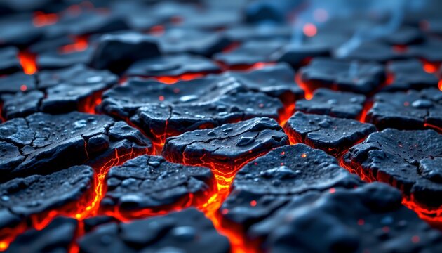 An artistic representation of a lava covered landscape with red glowing stones against a dark background.