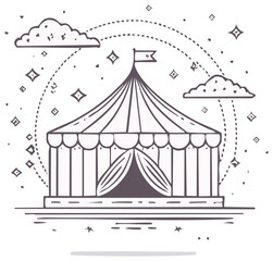 Obraz premium Doodle Circus Tent with Flag, Clouds, and Stars, Hand Drawn Vintage Style