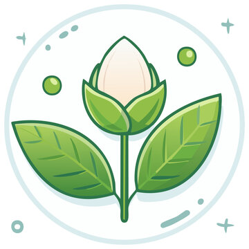 Cute cartoon cotton plant bud icon with green leaves in a decorative circle
