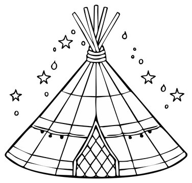 Line art Native American teepee with stars and rain drops.  Boho style.