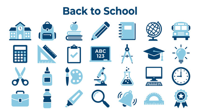 Collection of back to school icons and symbols representing education and learning essentials for students and teachers