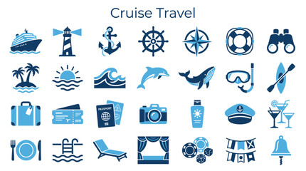Collection of cruise travel icons and symbols representing vacation activities and destinations in blue and white colors © Iconique Studio