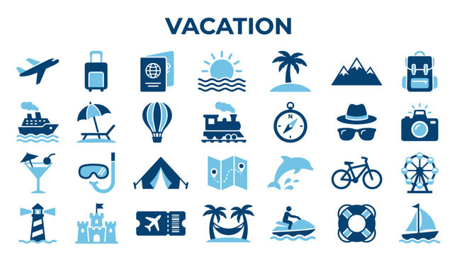 Collection of travel and vacation icons representing different modes of transport accommodation activities and destinations for holiday planning and adventure