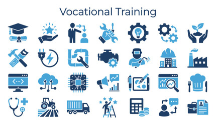 Vocational training concept icons illustrating diverse career paths and skill development in industry technology and education © Iconique Studio