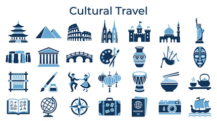 Cultural Travel Icons Representing Global Landmarks Traditions and Activities Diverse Icons for Exploration and Discovery © Iconique Studio