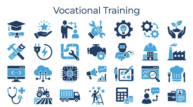 Vocational training concept icons illustrating diverse career paths and skill development in industry technology and education