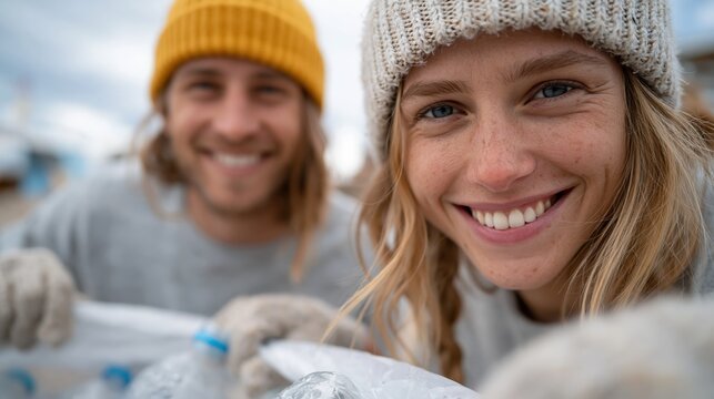 A happy couple wearing winter hats and gloves smiles while performing an environmental cleanup task, highlighting teamwork and commitment to sustainability efforts in community service.