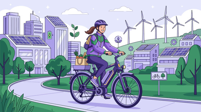 Sustainable urban lifestyle featuring a male character riding an electric bicycle through a modern eco-friendly city equipped with renewable energy sources like wind turbines and solar panels.