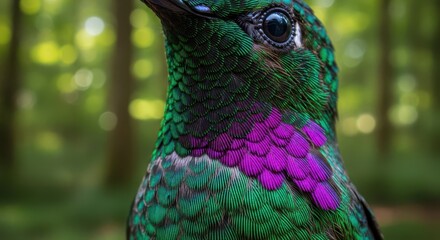 Naklejka premium Extreme Macro Portrait of a Hummingbird with Iridescent Green and Purple Feathers in a Lus