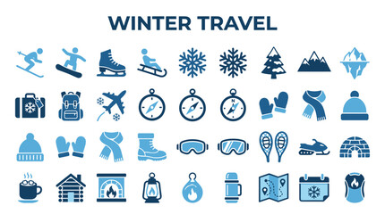 Winter travel icons collection representing snowy activities and vacation essentials like ski equipment, warm clothing, and travel accessories © Iconique Studio
