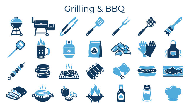 Collection of barbecue and grilling icons set representing food preparation cooking and outdoor dining with various tools and ingredients