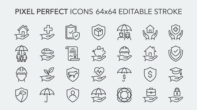 Pixel perfect 64x64 outline icons set with editable stroke for UI/UX design, versatile web and app symbols for dashboards and graphics