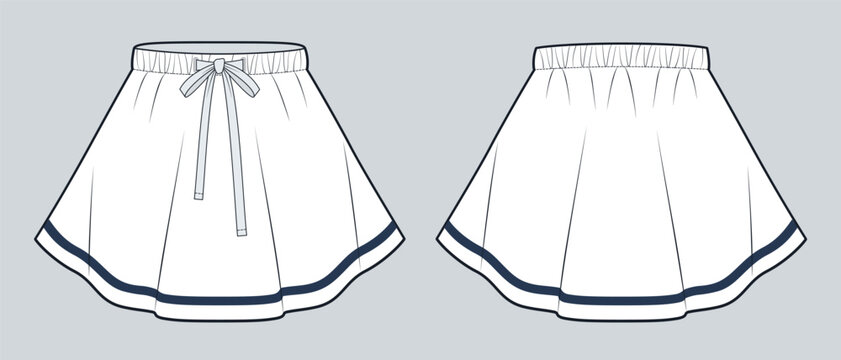 Women Tennis Skirt Fashion Flat Technical Drawing Template Featuring Elastic Drawstring, Waist Contrast Trim, Flared Hem and Front Back Views