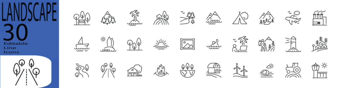 Landscape line editable icon set. Editable stroke. Vector illustration.