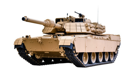 Tan armored military tank with turret and tracks, isolated on transparent background © Elena