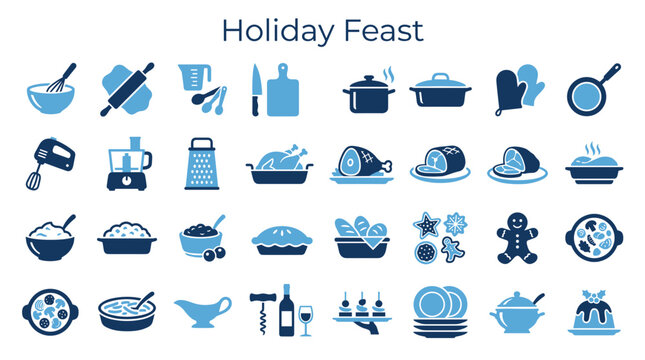 Collection of holiday feast icons representing cooking and dining preparations for festive meals and celebrations