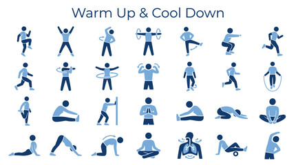 Collection of diverse fitness exercises and stretches for warm up and cool down routines promoting healthy lifestyle and physical wellness © Iconique Studio