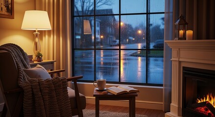 Fototapeta premium Cozy Living Room With Fireplace And Rainy Window View.