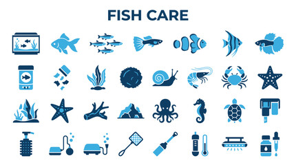 Fish care icons and illustrations for aquarium maintenance and aquatic pet keeping supplies and equipment © Iconique Studio