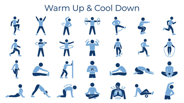 Collection of diverse fitness exercises and stretches for warm up and cool down routines promoting healthy lifestyle and physical wellness
