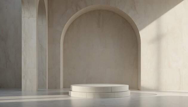 A minimalist interior with a round podium.