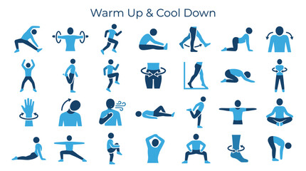 Collection of diverse warm up and cool down stretching exercises and movements illustrated with blue icons on a white background for fitness and health © Iconique Studio