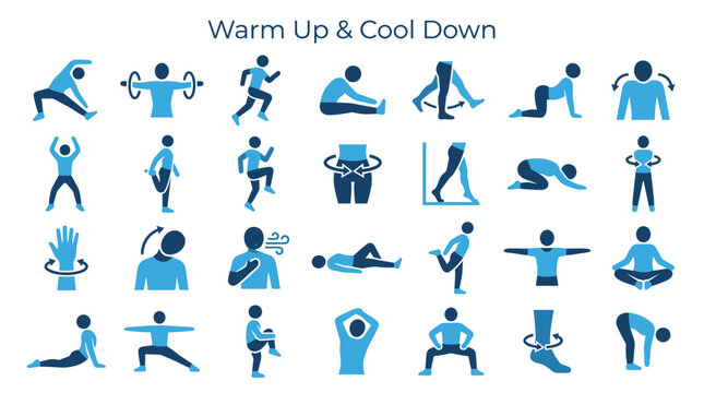 Collection of diverse warm up and cool down stretching exercises and movements illustrated with blue icons on a white background for fitness and health