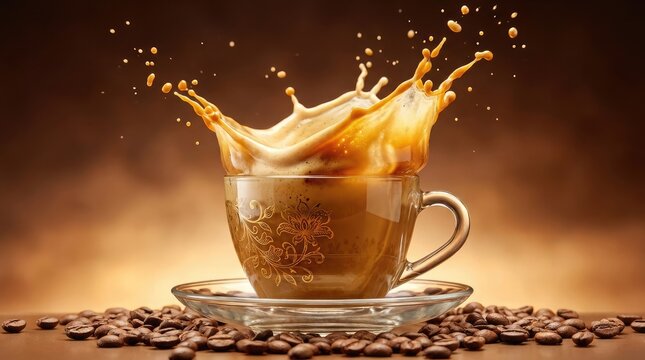 Coffee splashing out of a glass cup with saucer and coffee beans around