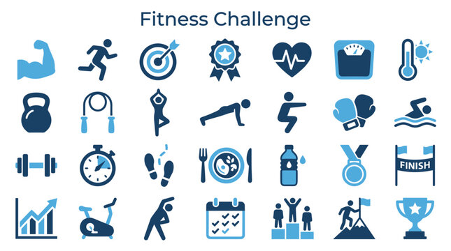 Fitness challenge icons and symbols representing a healthy lifestyle workout and exercise activities with progress tracking and achievement