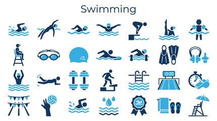 Swimming icons set for sport and leisure activities representing different strokes equipment and pool elements © Iconique Studio