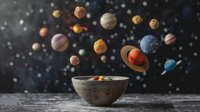 Bowl of candy is surrounded by planets, including the sun and the moon