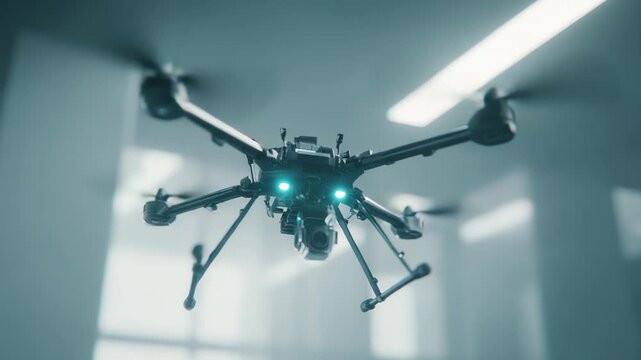 Drone technology is flying inside a modern building, offering surveillance capabilities and showcasing innovation in robotics and remote monitoring for various applications
