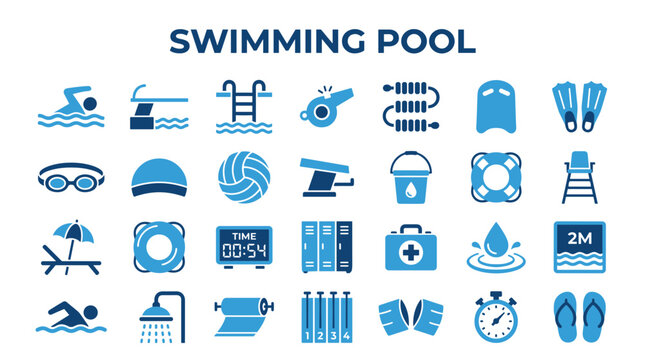 Collection of blue swimming pool icons representing various aquatic activities equipment and amenities for sports and leisure