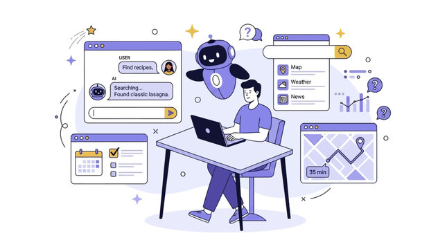 Person utilizing advanced artificial intelligence software assistant for automated task management, queries, and conversational support within a conceptual digital workflow space.