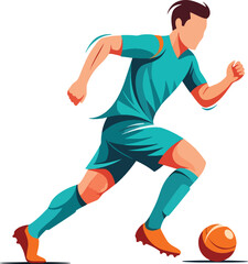 Fototapeta premium Male soccer player dribbling orange ball in motion fast running athlete illustration vector art.