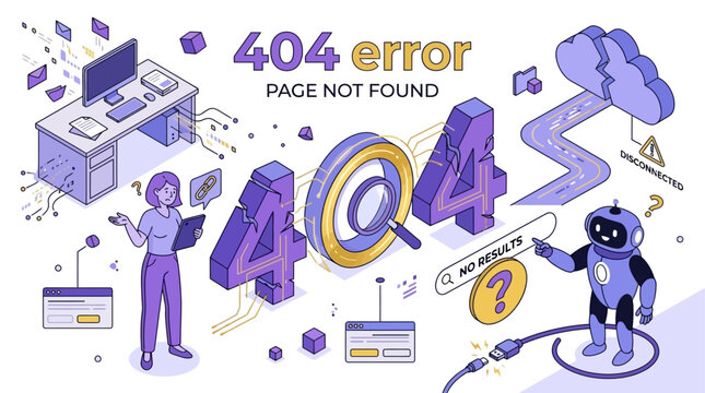 Technical digital failure showing 404 error page on computer screen indicating broken website link connection problem and system mistake in online internet network environment