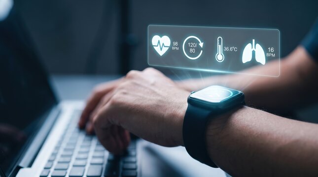 Futuristic Remote Patient Monitoring Concept: Holographic Smartwatch Vital Signs Dashboard Over Laptop User